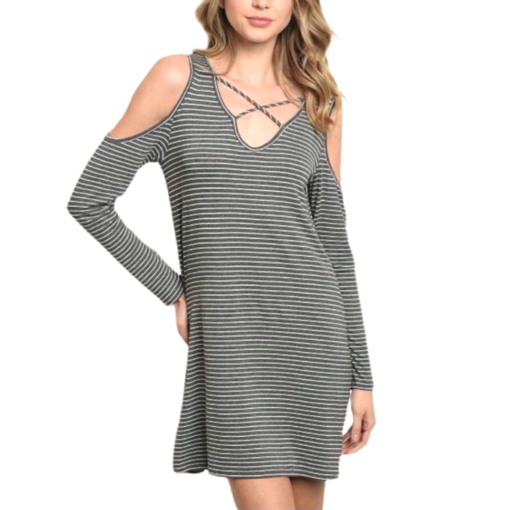 🆕 Cold Shoulder Long-sleeve Striped Dress 🆕